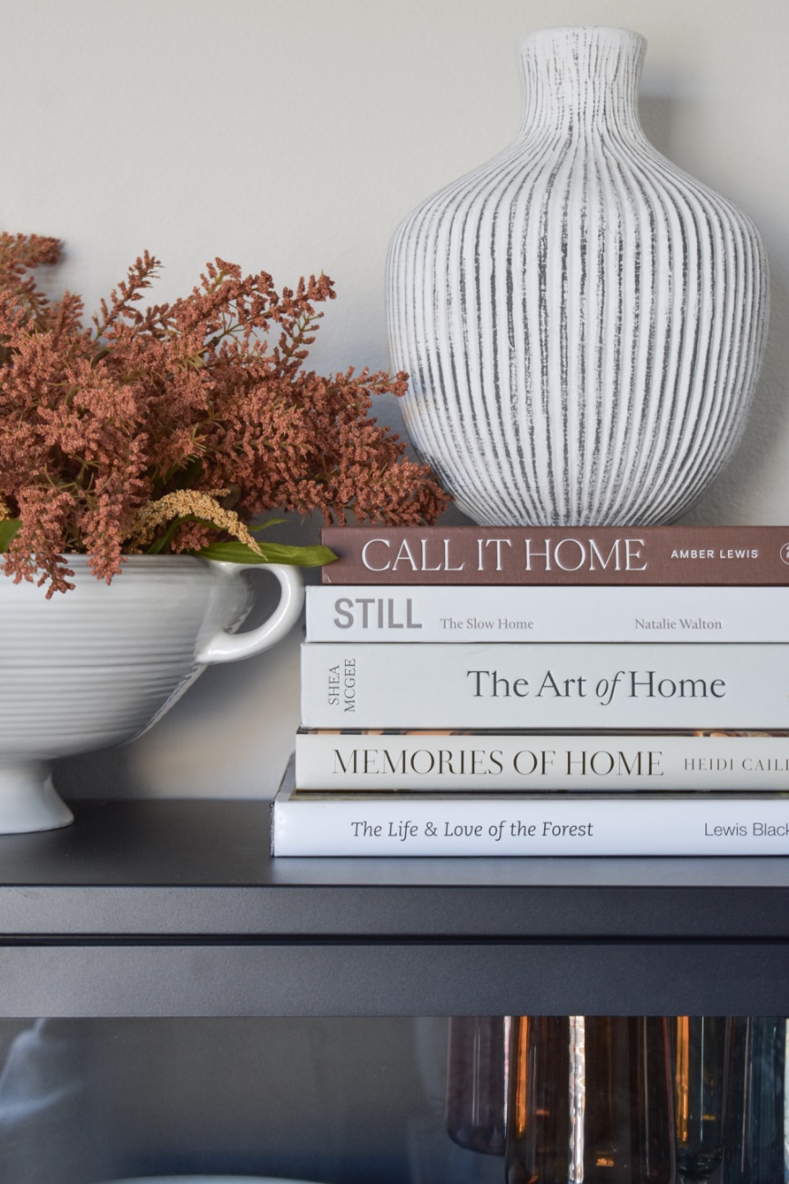 Vintage books and bowl vignette